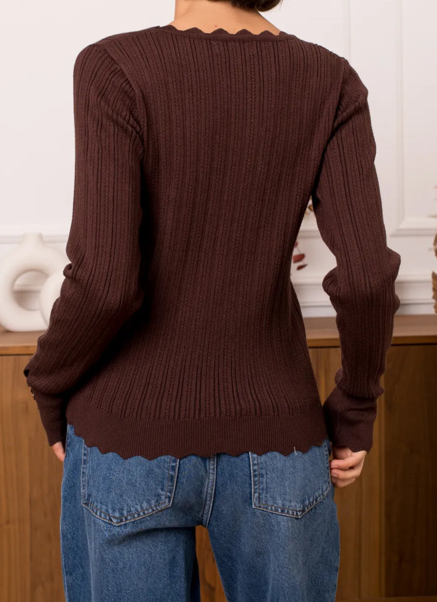 LOD Of Love - Gestreifter Pullover Beige Braun mit gesticktem Blumenärmel