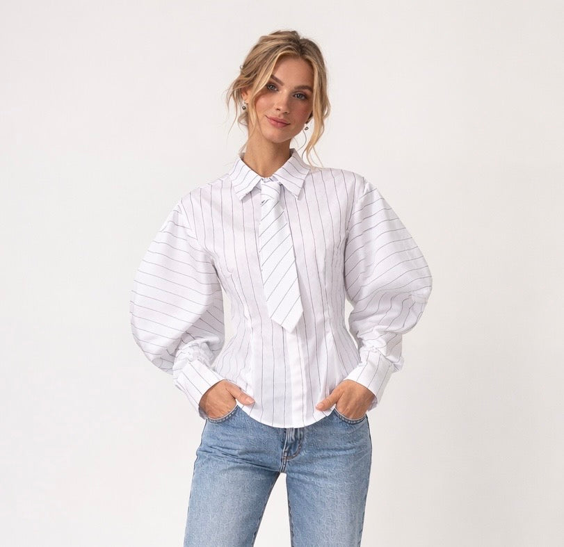 LOD of Love – Sophia Striped Blouse met Tie White