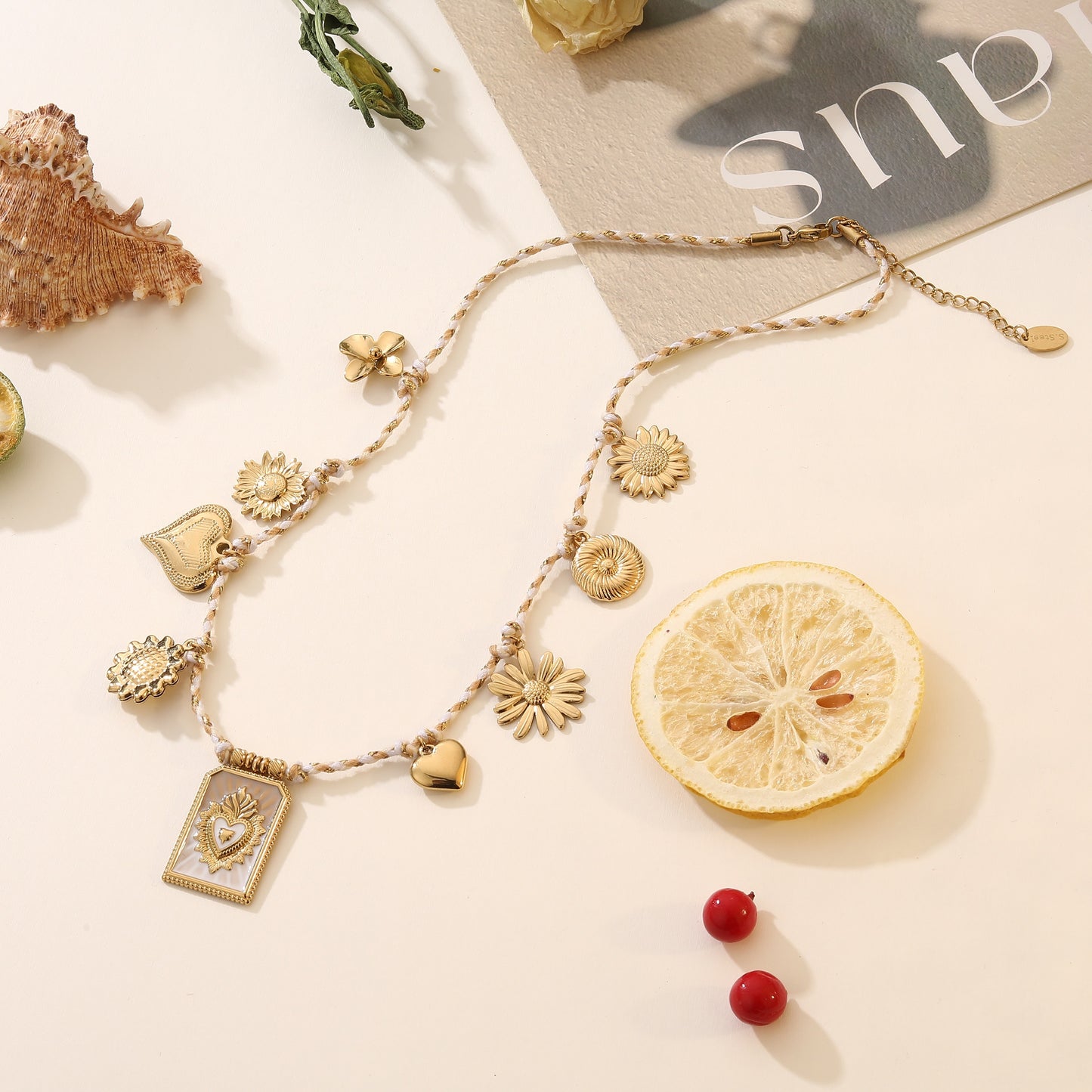 LOD of Love – Gold-colored charm necklace – Beige cord