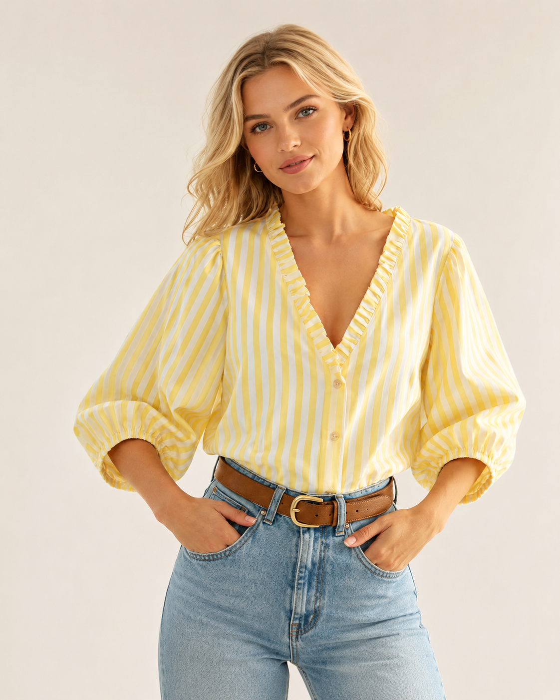 LOD of Love – Emma Bluse mit Blätterdruck und Puffärmeln – Blau