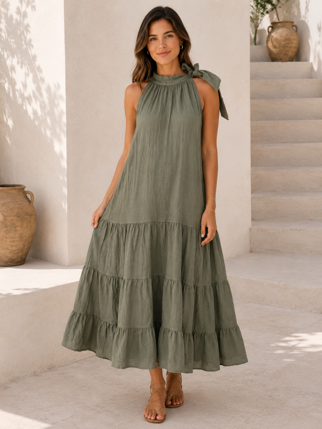 LOD of Love – Linnen Maxi Jurk Khaki met Strikband