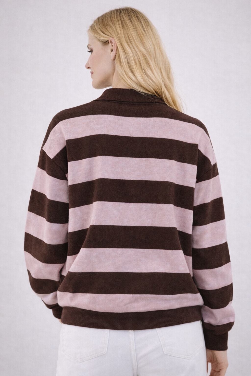 LOD Of Love - Striped Sweater Beige Brown With Embroidered Flower Sleeve
