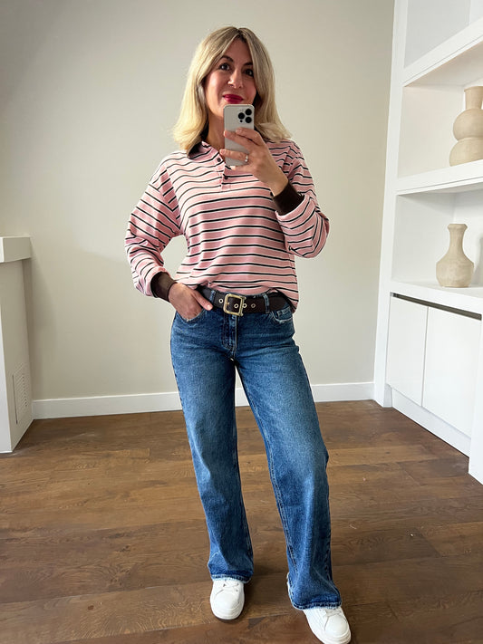 LOD Of Love - Roze Gestreepte Top met Bruine Kraag