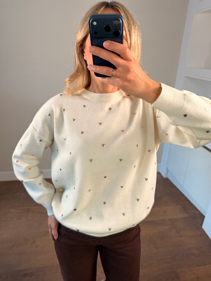 LOD Of Love - Striped Sweater Beige Brown With Embroidered Flower Sleeve