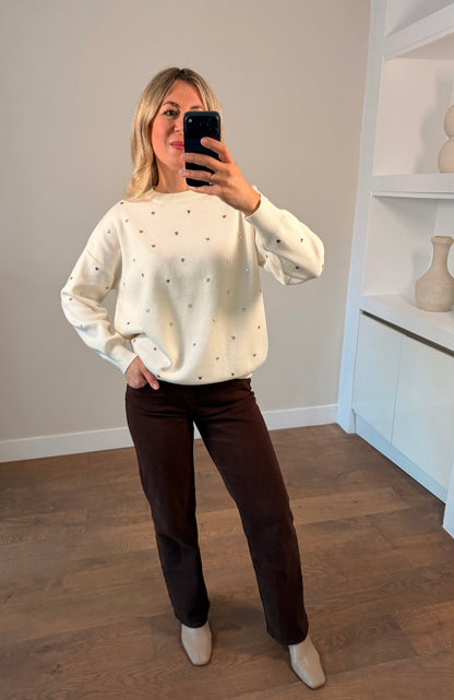 LOD Of Love - Striped Sweater Beige Brown With Embroidered Flower Sleeve