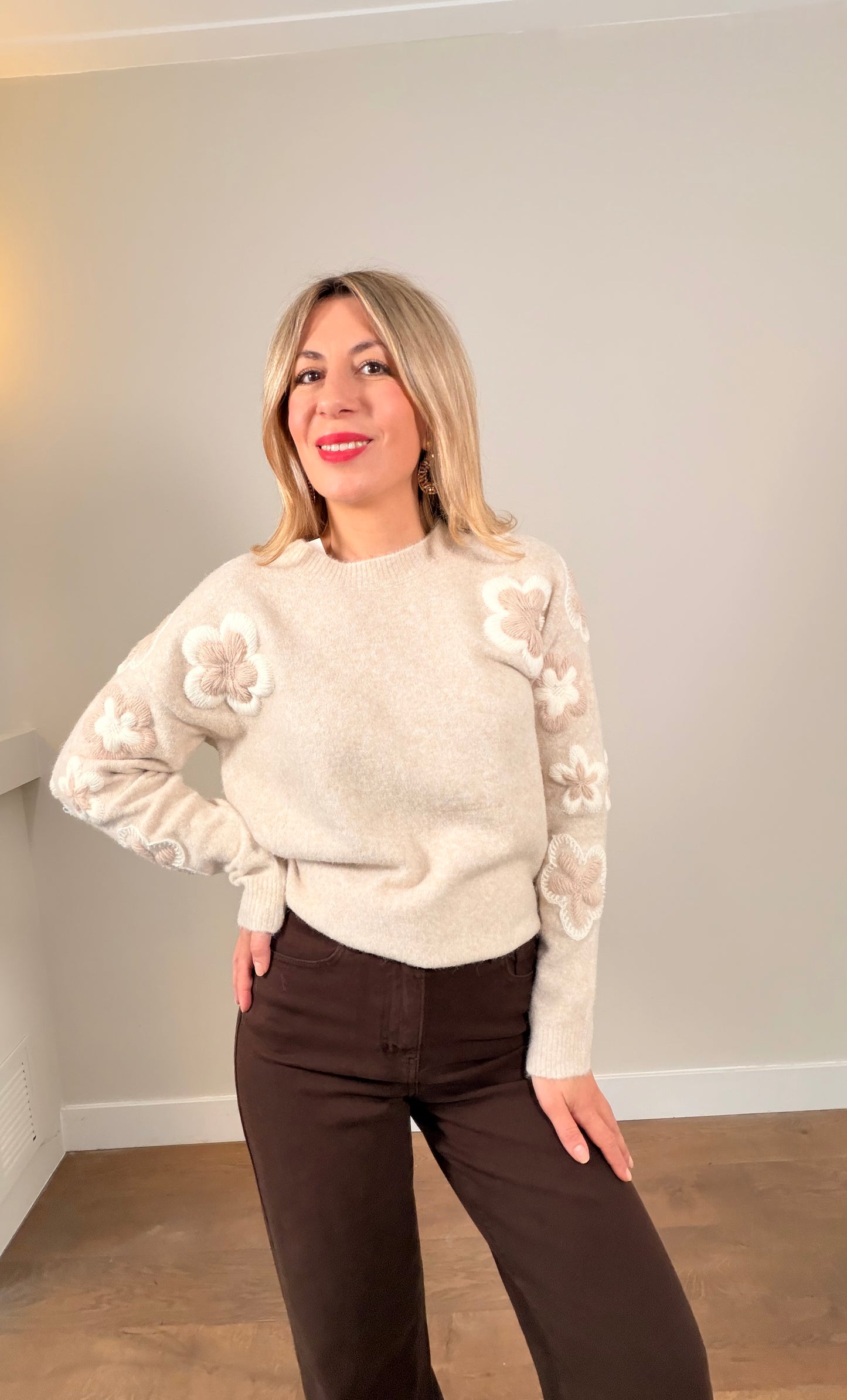 LOD Of Love - Striped Sweater Beige Brown With Embroidered Flower Sleeve