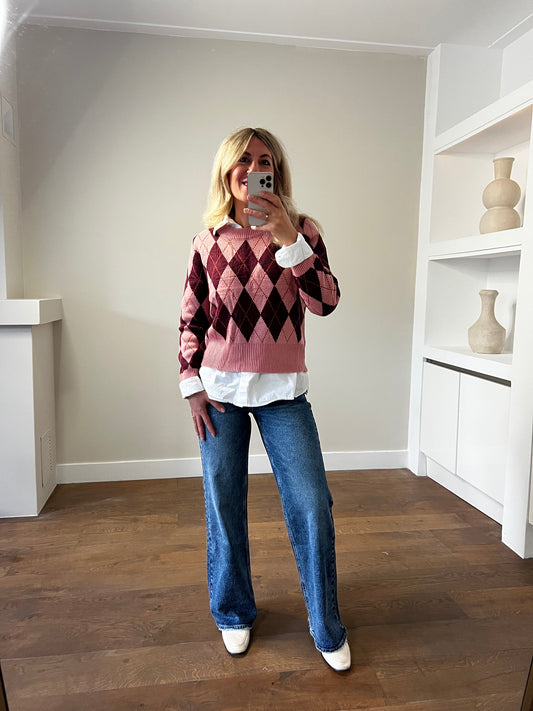 LOD Of Love -Trui met Ruitmotief Roze/Bordeaux