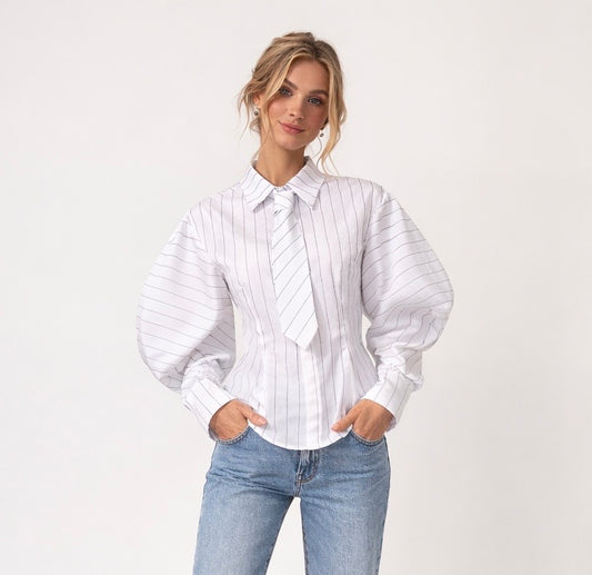 LOD of Love – Sophia Striped Blouse met Tie White