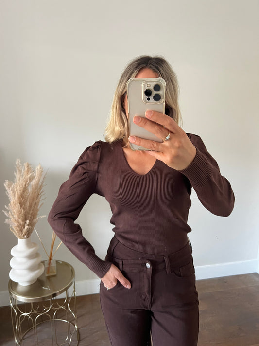 LOD Of Love - Lara Basic Trui met Pofmouwen Brown