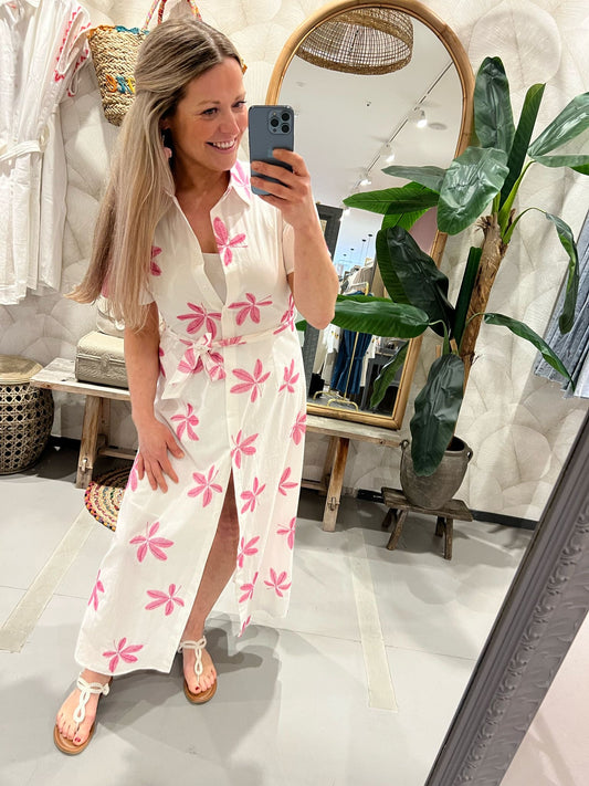LOD of Love – Witte Lange Jurk met Roze Bloemenprint