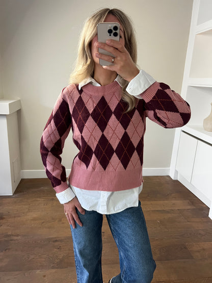 LOD Of Love -Trui met Ruitmotief Roze/Bordeaux