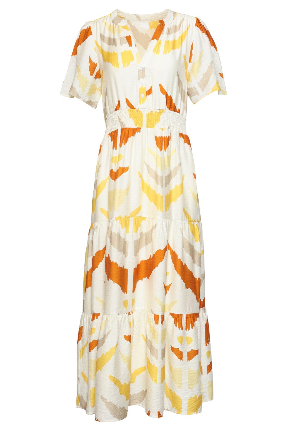 LOD of Love – Midi V hals Jurk met Oranje Aztec Print