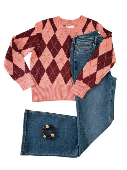 LOD Of Love -Trui met Ruitmotief Roze/Bordeaux