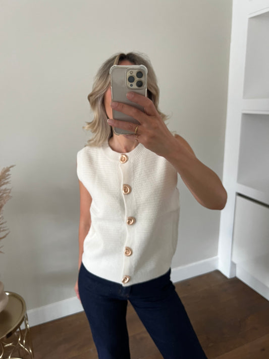 LOD of Love – Offwhite Gebreid Gilet Met Schelpknoop