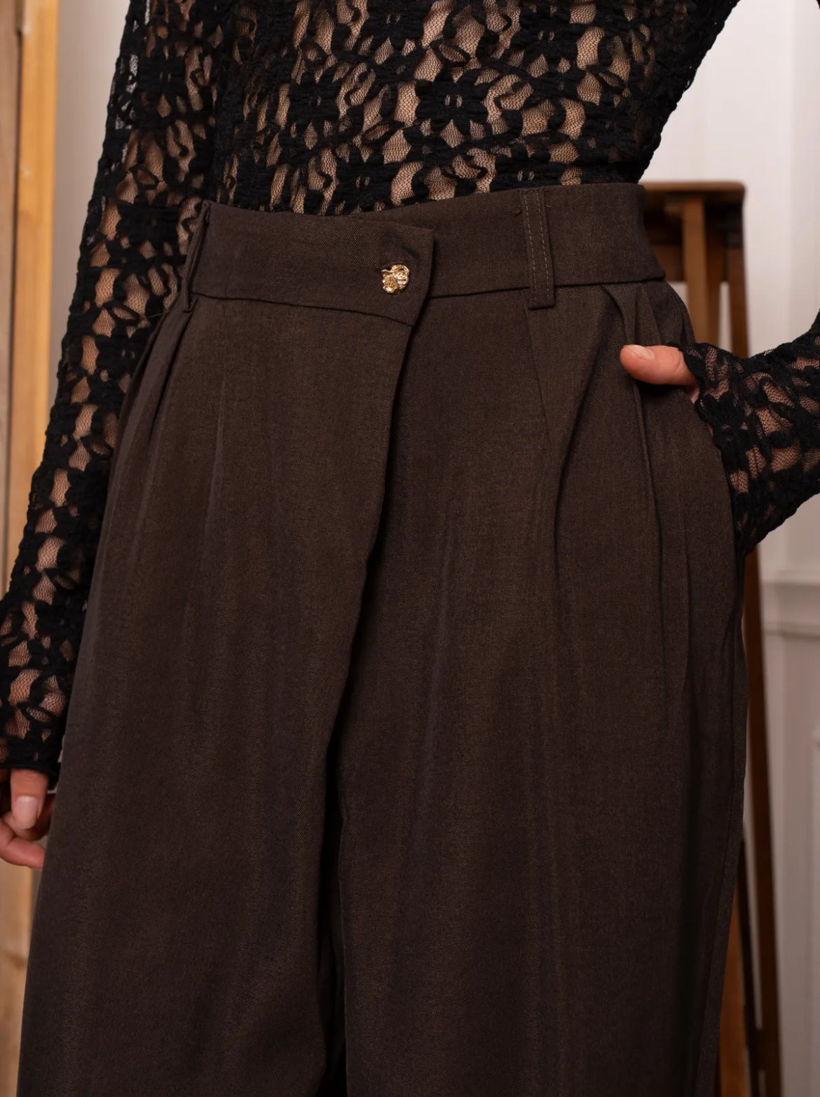 LOD of Love - High Waist Wide Leg Pantalon Donkerbruin