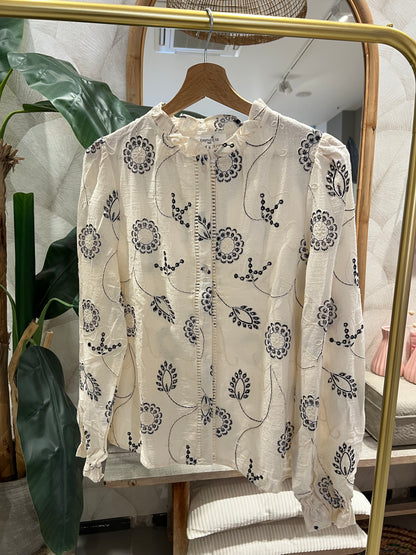 LOD of Love –  Blouse met Opstaande Kraag & Blauwe Bloemborduursels