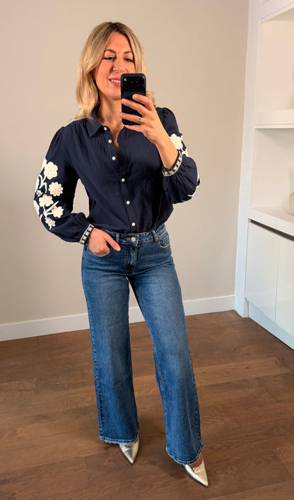 LOD of Love – Navy Bloemenblouse van Katoen