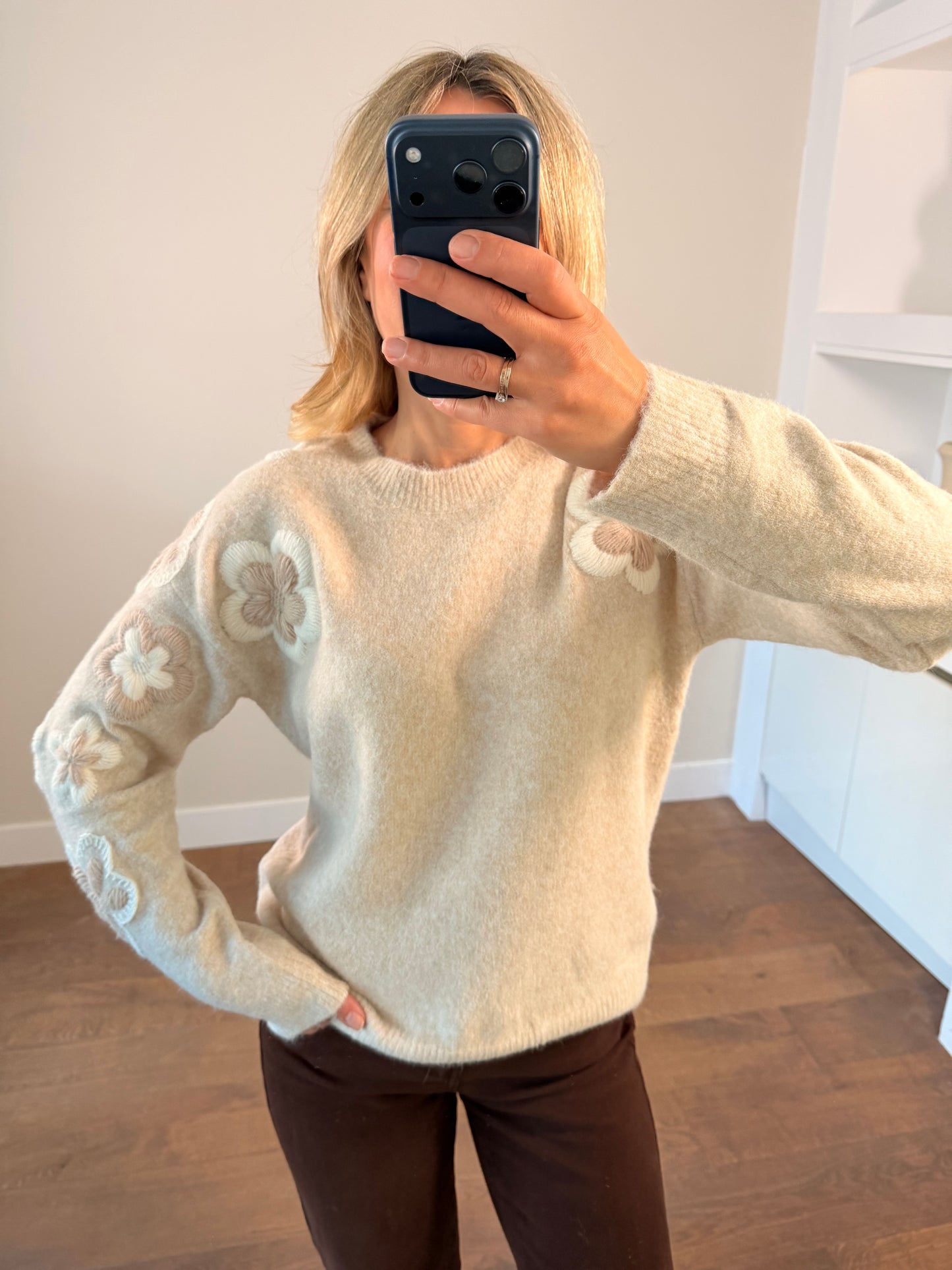 LOD Of Love - Striped Sweater Beige Brown With Embroidered Flower Sleeve