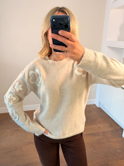 LOD Of Love - Striped Sweater Beige Brown With Embroidered Flower Sleeve