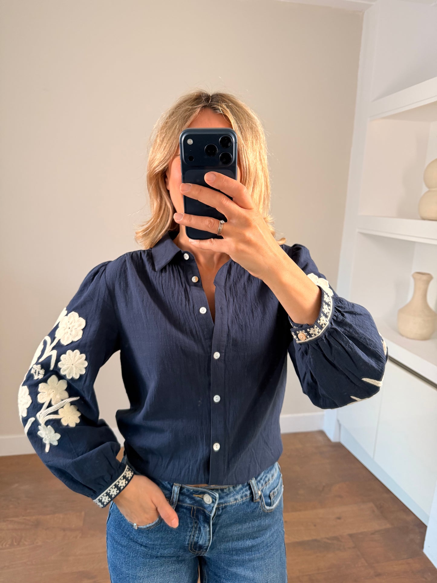 LOD of Love – Navy Bloemenblouse van Katoen