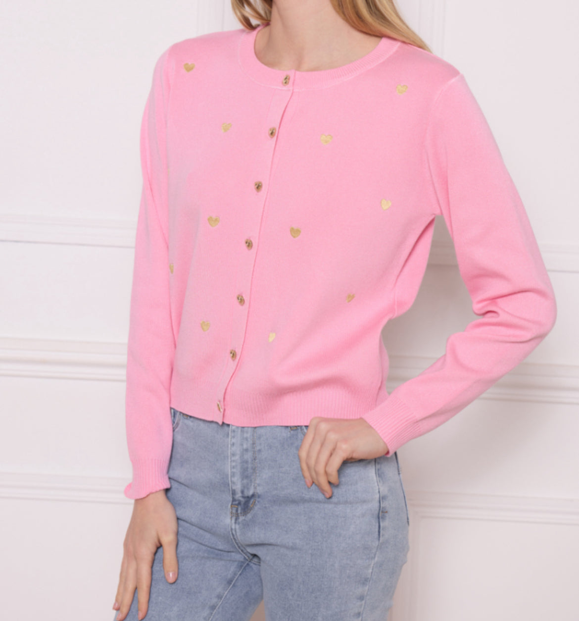 LOD of Love - Roze Vest met Gouden Hartjes Borduursel