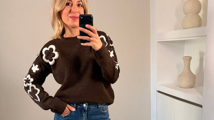 LOD Of Love - Striped Sweater Beige Brown With Embroidered Flower Sleeve