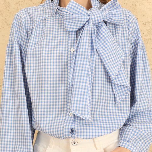 LOD of Love – Blauw Geruite Blouse met Strik