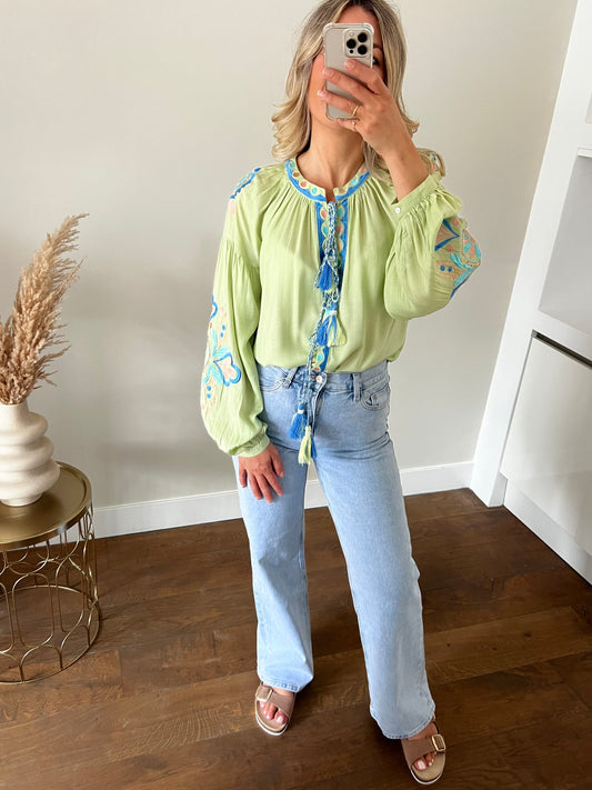LOD of Love – Boho Blouse met Borduursel  Soft Green
