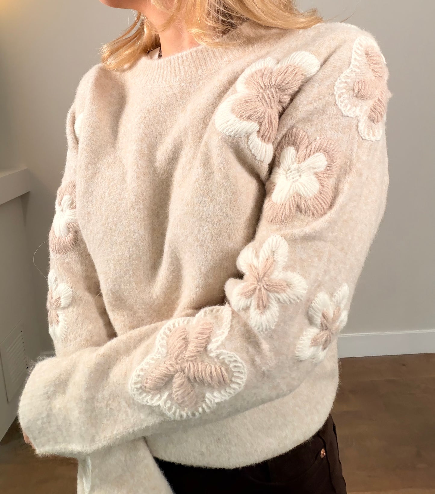 LOD Of Love - Striped Sweater Beige Brown With Embroidered Flower Sleeve