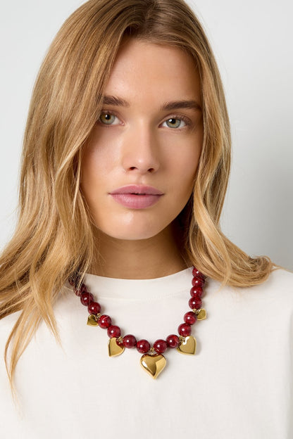 LOD of Love - Bordeaux Kralenketting met Gouden Hartjes