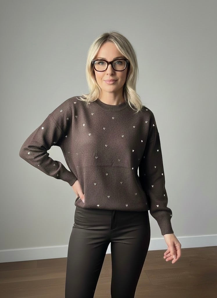 LOD Of Love - Striped Sweater Beige Brown With Embroidered Flower Sleeve