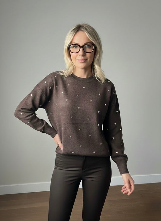 LOD Of Love - Striped Sweater Beige Brown With Embroidered Flower Sleeve