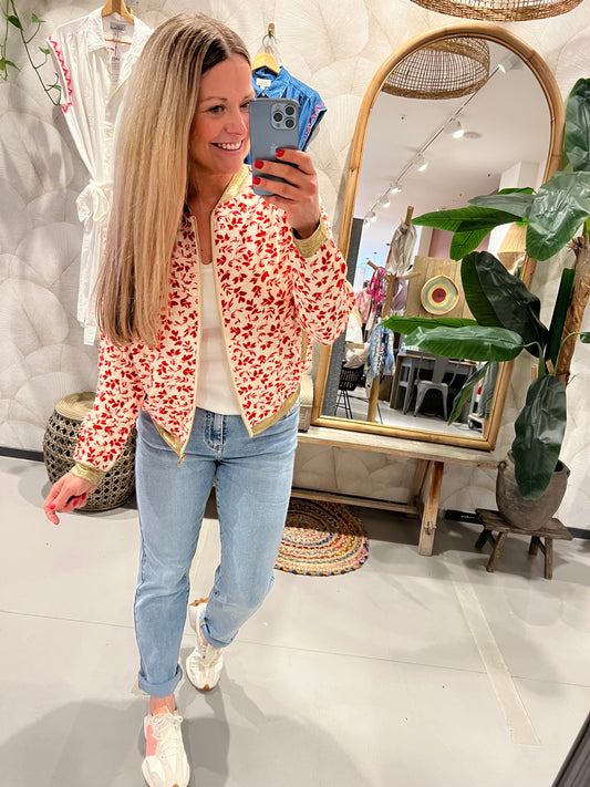 LOD of Love – Gebroken Wit Bomberjack met Rode Botanische Print