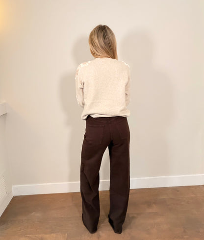 LOD Of Love - Striped Sweater Beige Brown With Embroidered Flower Sleeve