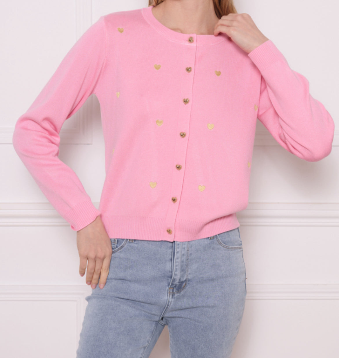 LOD of Love - Roze Vest met Gouden Hartjes Borduursel
