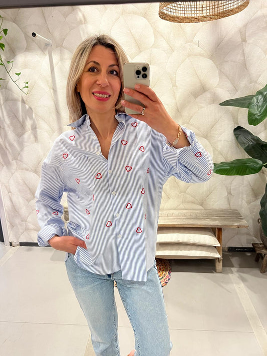 LOD of Love –  Blouse met Rode Hartborduursel en Strepen