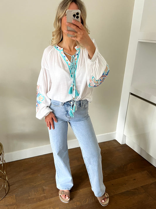 LOD of Love – Boho Blouse met Borduursel  Wit