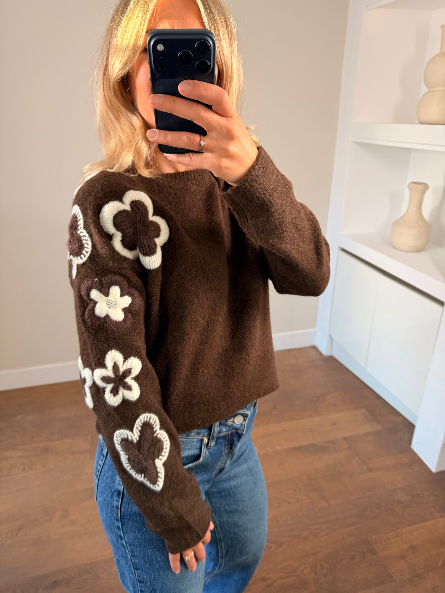 LOD Of Love - Striped Sweater Beige Brown With Embroidered Flower Sleeve