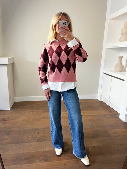 LOD Of Love -Trui met Ruitmotief Roze/Bordeaux