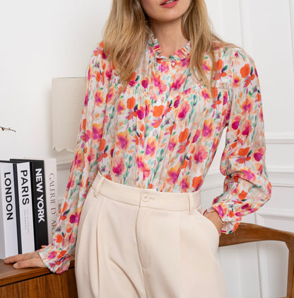 LOD of Love – Bloemenblouse met Fuchsia en Oranje Accenten