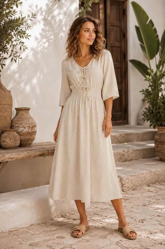 LOD of Love – Luchtige Linnen Midi-Jurk Met Vetersluiting | Sand