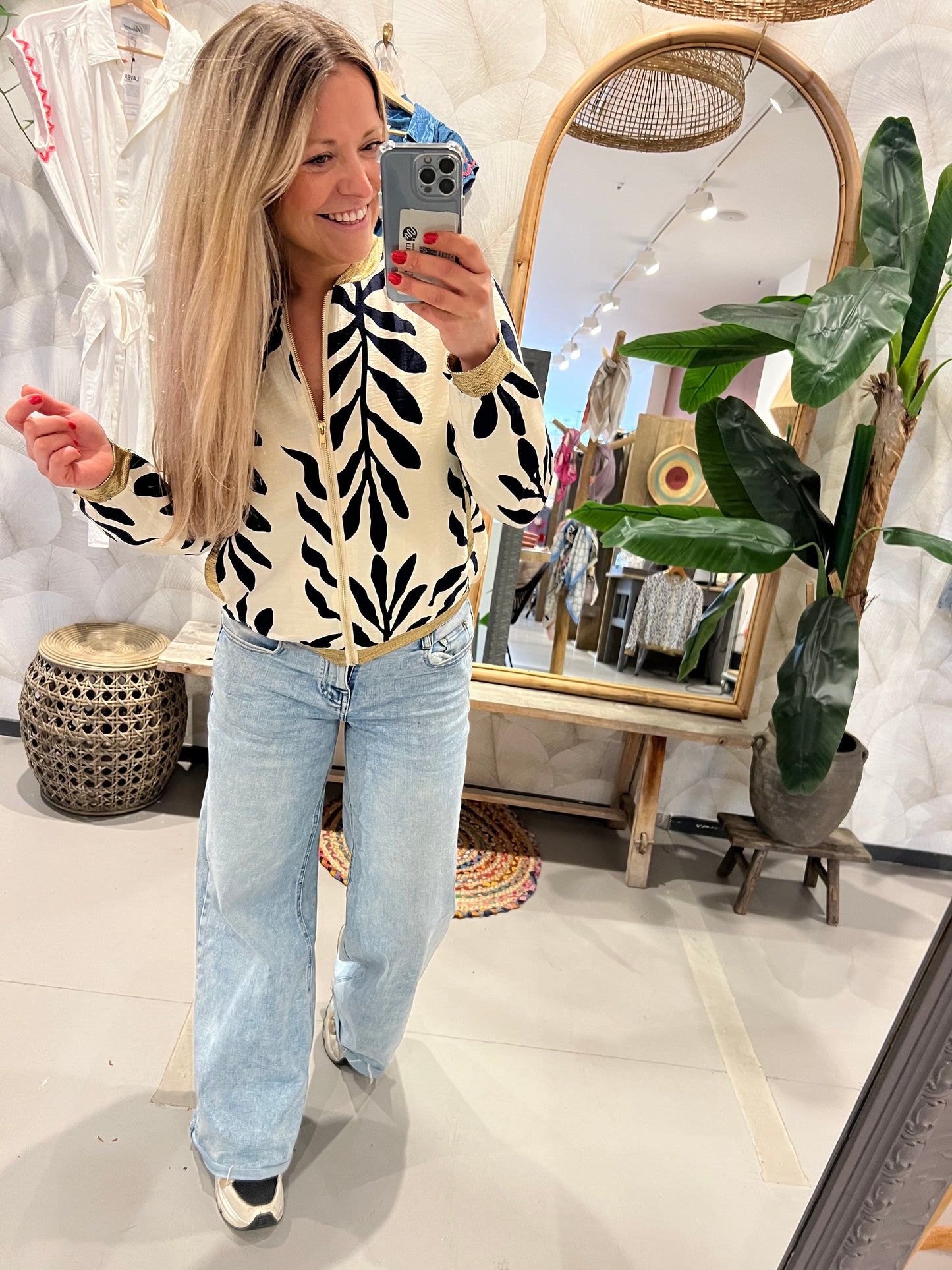 Bomber Jacket with Marine Blue Leaves