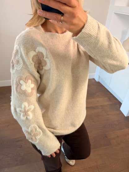 LOD Of Love - Striped Sweater Beige Brown With Embroidered Flower Sleeve