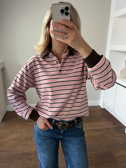 LOD Of Love - Roze Gestreepte Top met Bruine Kraag