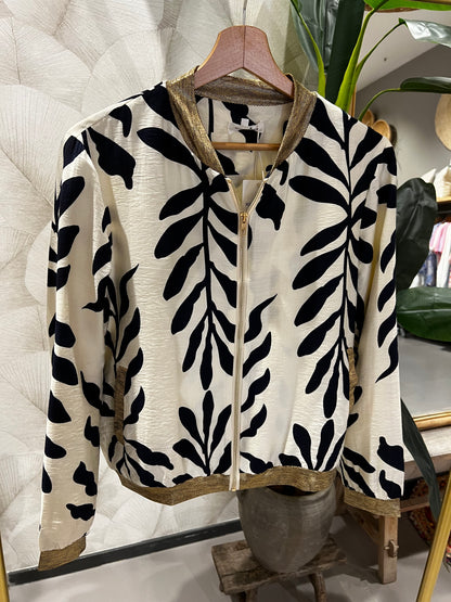 Bomber Jacket with Marine Blue Leaves