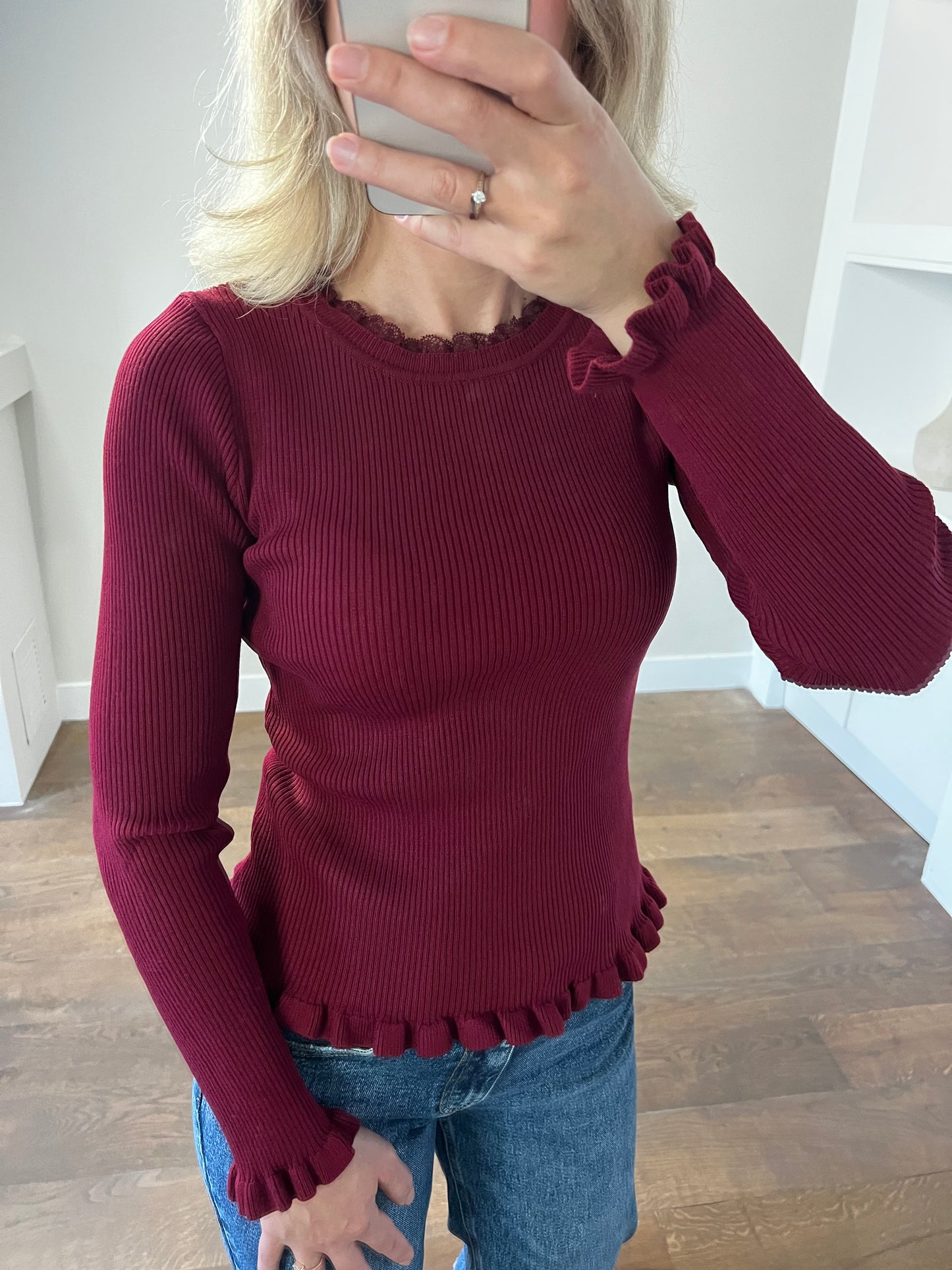 LOD Of Love - Rib Top met Volants & Kantdetail - Bordeaux