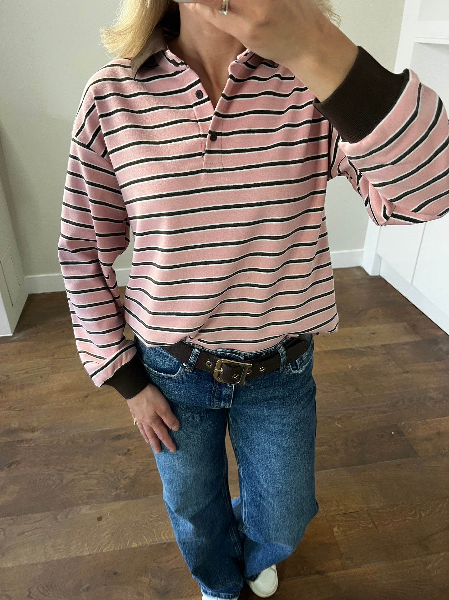 LOD Of Love - Roze Gestreepte Top met Bruine Kraag