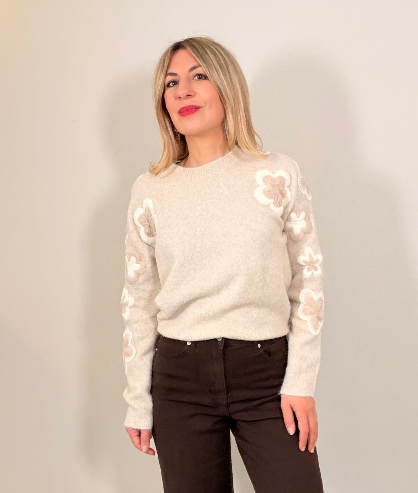 LOD Of Love - Striped Sweater Beige Brown With Embroidered Flower Sleeve