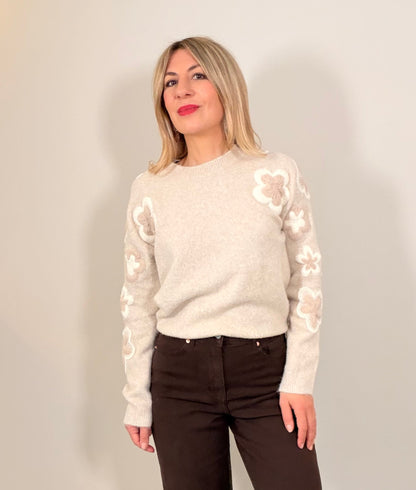 LOD Of Love - Striped Sweater Beige Brown With Embroidered Flower Sleeve