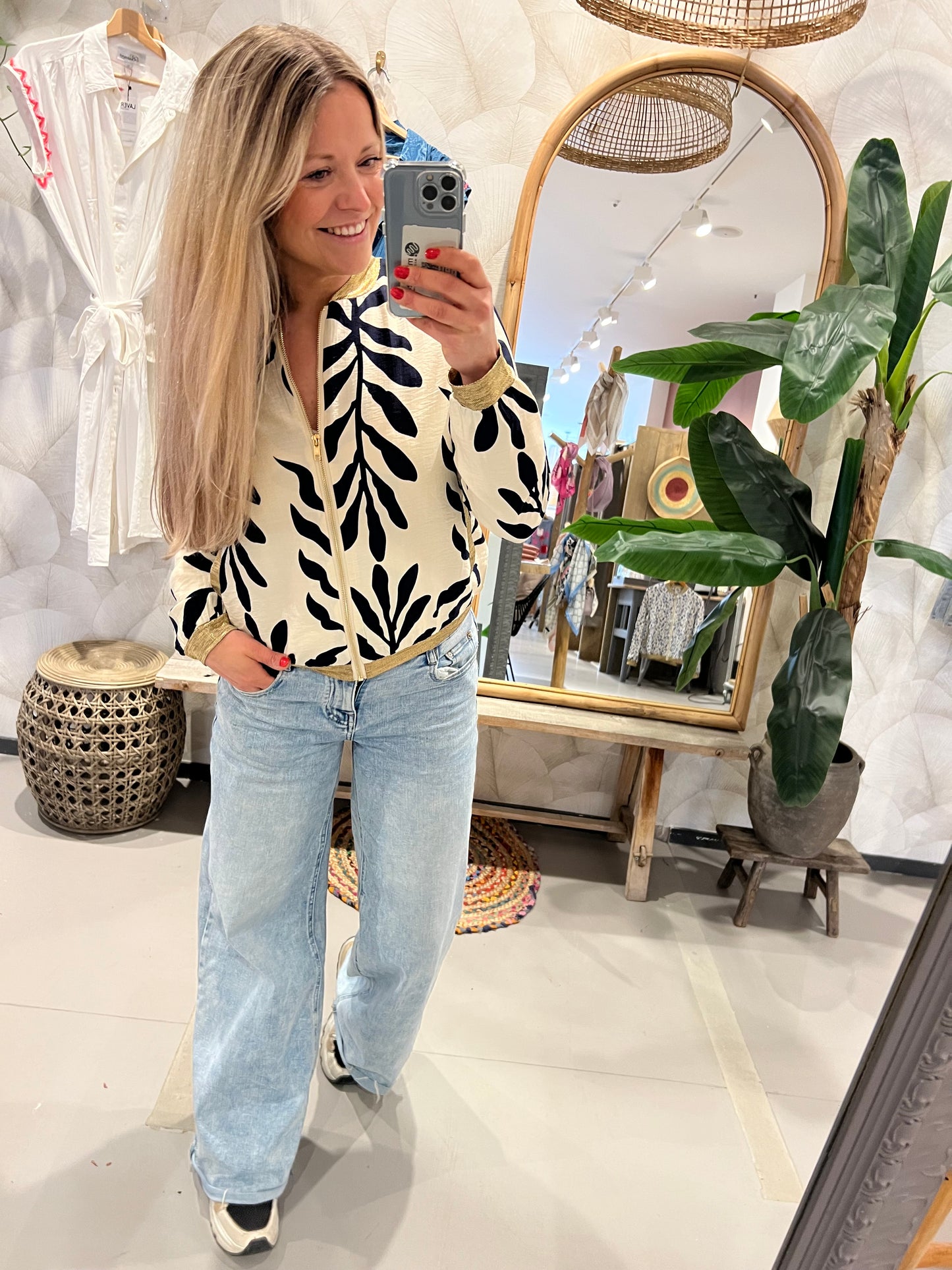 Bomber Jacket with Marine Blue Leaves